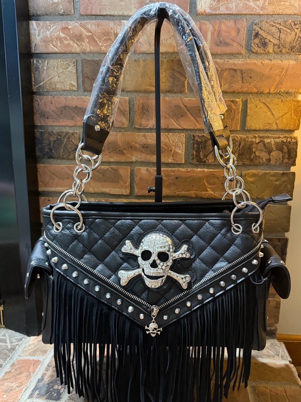 Black Fringe Shoulder Bag with Skull Accent NWOT
